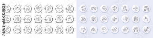 Dumbbell, Social distancing and Shield line icons. White pin 3d buttons, chat bubbles icons. Pack of Mental conundrum, Face id, Vaccine report icon. Vector