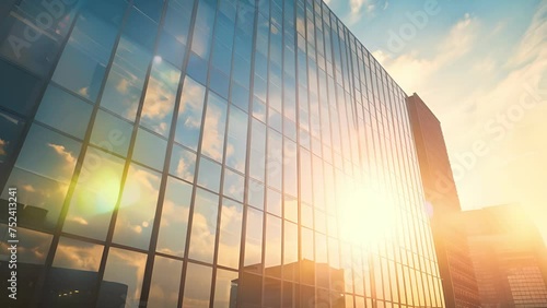 office building or business center.window buildings made of glass reflect the clouds and the sunset. empty street outside  wall modernity civilization, commercial, skyscraper, architecture