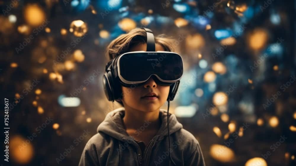 A young kid wearing a virtual reality headset and holding head is immersed in a VR game. Excitement emotions A young kid wearing a virtual reality headset and holding head is immersed in a VR game. Excitement emotions
