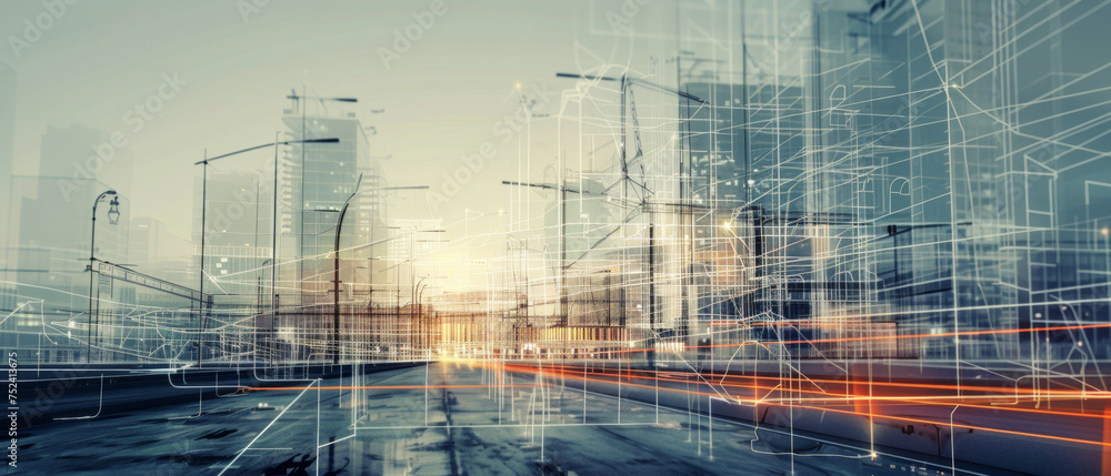 Abstract urban landscape overlaid with digital network motifs, symbolizing connectivity.