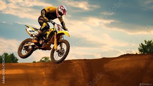 A daring man, clad in a helmet and riding an outdoor sports equipment, conquers the mountains on his motorcycle, fueled by the rush of extreme motocross racing