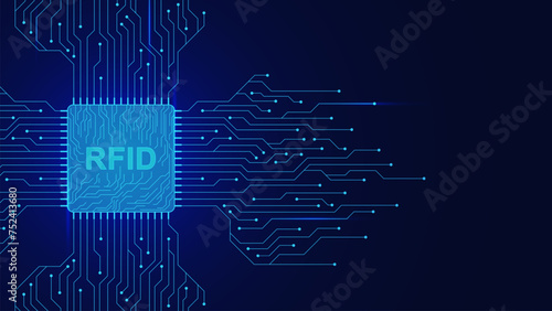 RFID radio frequency identification concept. Microchip with electronic board for digital technology concept.