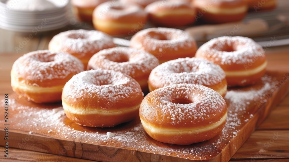 Close-up of sugary donuts stacked on a wooden board, with a sprinkle of sugar on top. Close-up of sugary donuts stacked on a wooden board, with a sprinkle of sugar on top.