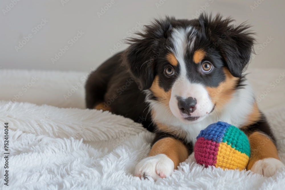 A cute puppy lies on a white fluffy blanket and plays with a multi-colored knitted ball.