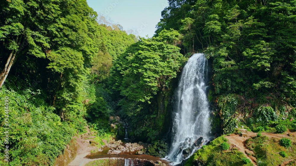 Rainforest waterfall flowing drone shot. Picturesque green woodland landscape.