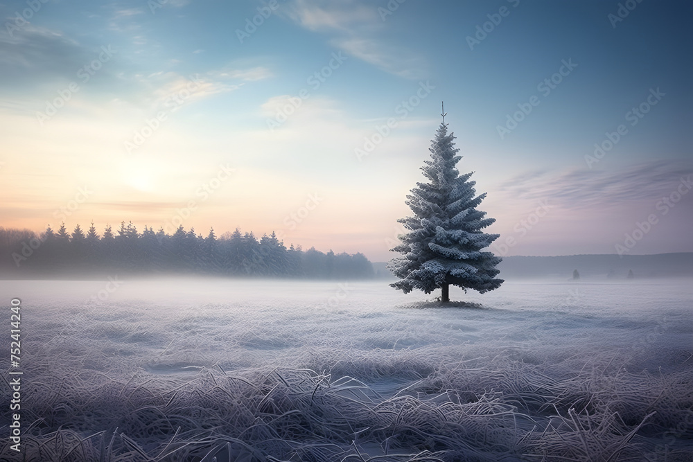 A spruce tree in a snow covered field. Beautiful morning landscape