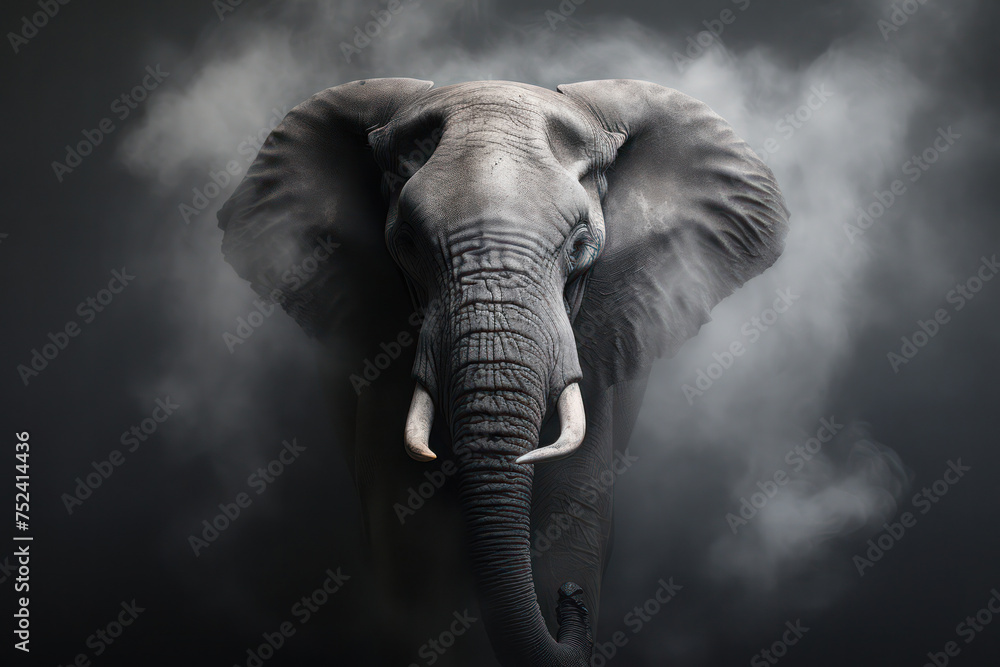 Fototapeta premium Powerful Majesty: A closeup portrait of a majestic African elephant standing strong in the wild, showcasing its beautiful greyish-white skin, impressive tusks, and expressive eyes. With its large ears