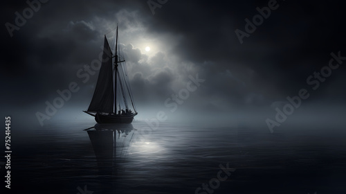 A sailboat sails through the night.