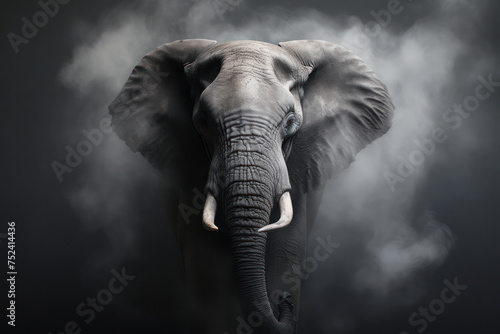Powerful Majesty  A closeup portrait of a majestic African elephant standing strong in the wild  showcasing its beautiful greyish-white skin  impressive tusks  and expressive eyes. With its large ears