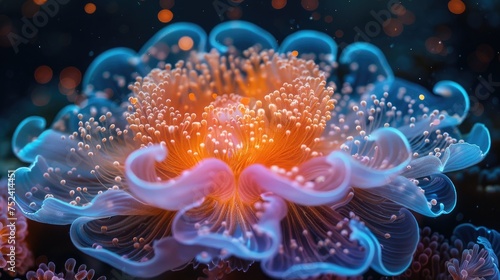 A mystical depiction of a glowing sea anemone, emitting bioluminescence in a dark underwater scene, Bioluminescent Sea Anemone Underwater