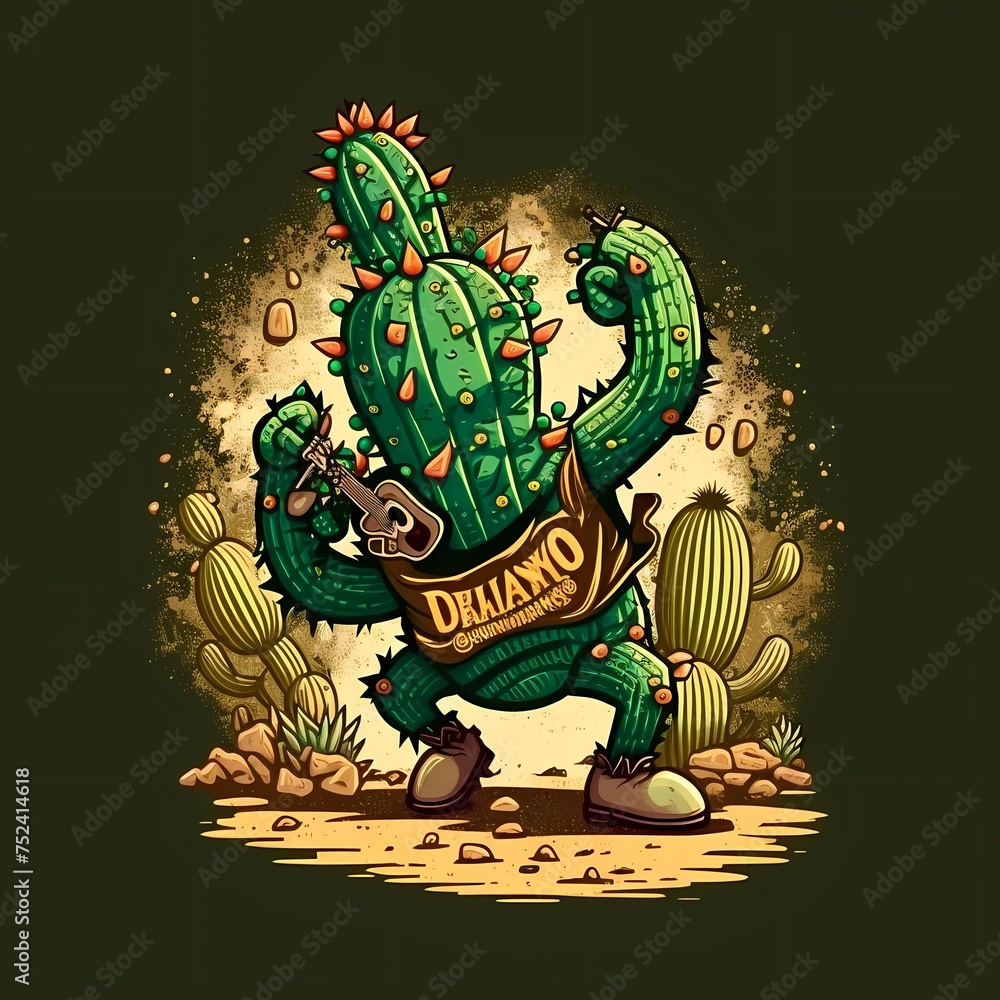 Funny cartoon mexican cactus in sombrero dancing dab and playing on guitar.