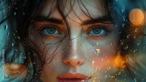 Mysterious woman gazing intently through raindrops on glass. close-up portrait, vivid colors, emotive style. artistic and engaging. AI