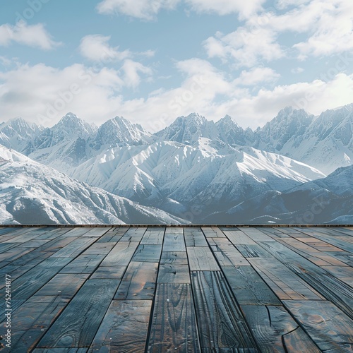 Elegant wooden platform with a backdrop of snow capped mountains offering a majestic setting for premium brands
