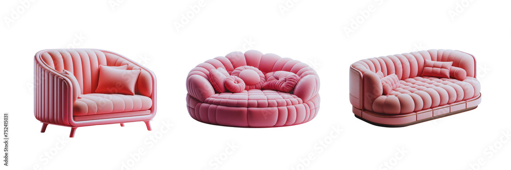 Set of pink color modern sofa, illustration, isolated over on transparent white background Set of pink color modern sofa, illustration, isolated over on transparent white background