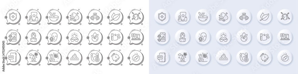 Sunscreen, Vaccination schedule and Alcohol addiction line icons. White pin 3d buttons, chat bubbles icons. Pack of World vaccination, Medical shield, Hospital nurse icon. Vector