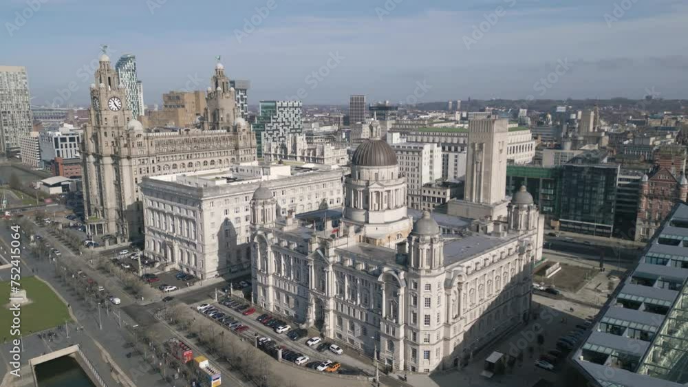 Aerial view Port of Liverpool, Cunard and Liver Buildings, Liverpool, England Aerial view Port of Liverpool, Cunard and Liver Buildings, Liverpool, England