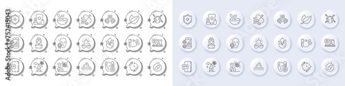 Sunscreen, Vaccination schedule and Alcohol addiction line icons. White pin 3d buttons, chat bubbles icons. Pack of World vaccination, Medical shield, Hospital nurse icon. Vector
