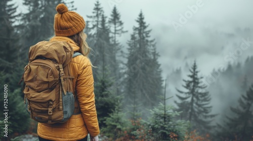 View of young female traveler standing in misty forest with tall coniferous trees on full body side