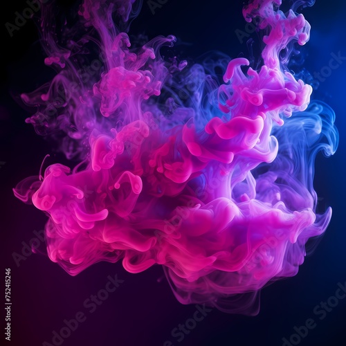 Color mist. Glitter smoke. Paint water splash. Magic potion. Purple pink glowing sparkling particles fog floating on dark black abstract art background, Generative AI