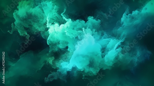 Color mist. Ink water. Haze texture. Fantasy night sky. Blue green shiny glitter steam cloud blend on dark black abstract art background.
