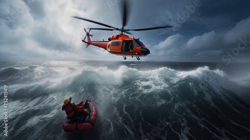 Rescue Helicopter Saving Person from Stormy Seas