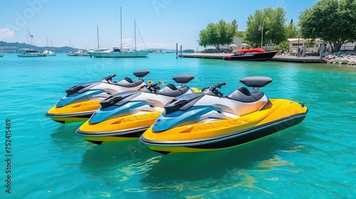 Yellow Jet Skis Moored in Tropical Harbor © Nick Alias