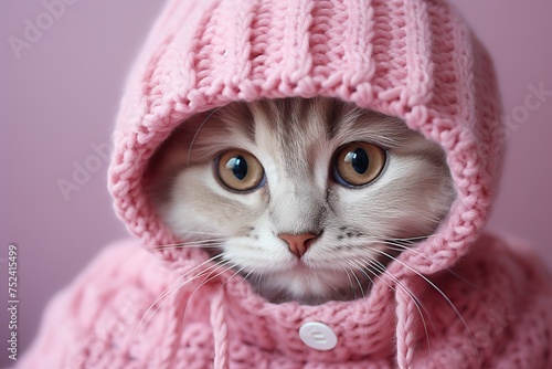 Cute Gray Cat in Pink Knitted Sweater