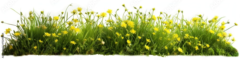 Green Grass Border with Yellow Flowers Isolated on White Green Grass Border with Yellow Flowers Isolated on White