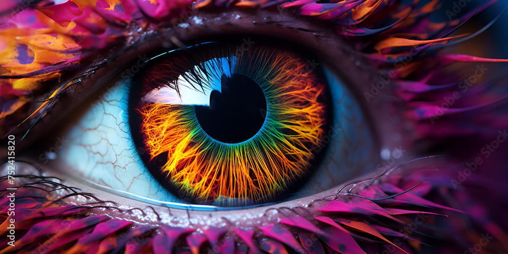 A colorful eye is shown with the word Brightly colored eye with a rainbow iris and a black background.