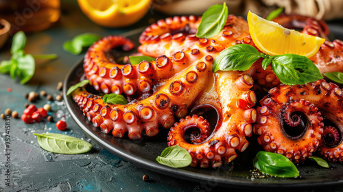 Seafood. Grilled octopus, a gourmet dish in a restaurant on a beautiful plate photo