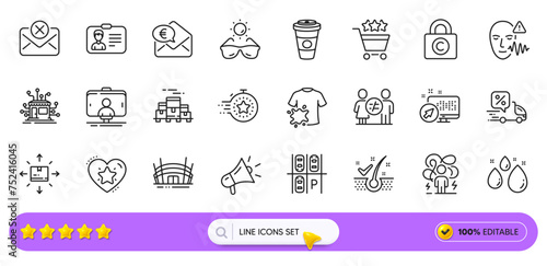 Takeaway coffee, Dirty t-shirt and Boxes pallet line icons for web app. Pack of Ranking star, Euro money, Water drop pictogram icons. Parking place, Cardboard box, Voice wave signs. Search bar. Vector