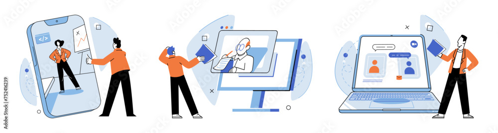 Online video meeting. Vector illustration. Togetherness is achieved through collaboration in virtual meetings Video calls create sense closeness in online interactions Online meetings revolutionize