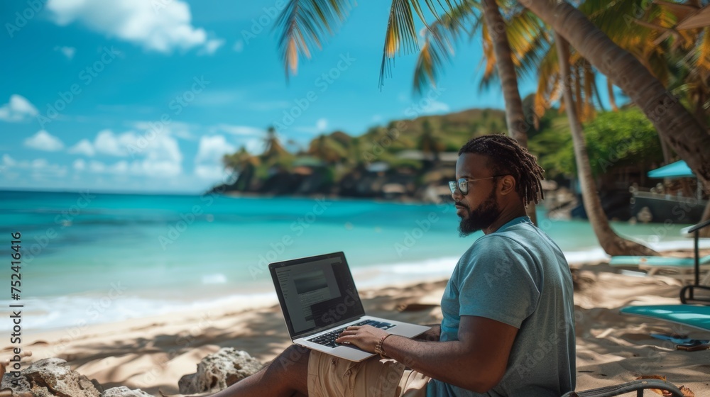 Digital Nomad Lifestyle: Individual working a remote work on a laptop by the beach Digital Nomad Lifestyle: Individual working a remote work on a laptop by the beach