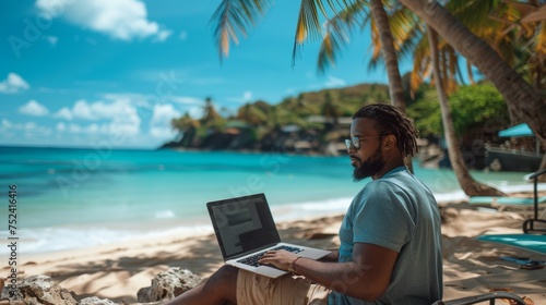 Digital Nomad Lifestyle: Individual working a remote work on a laptop by the beach