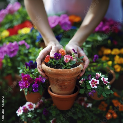 Hands gently hold a pot of blooming flowers amidst a colorful garden.
