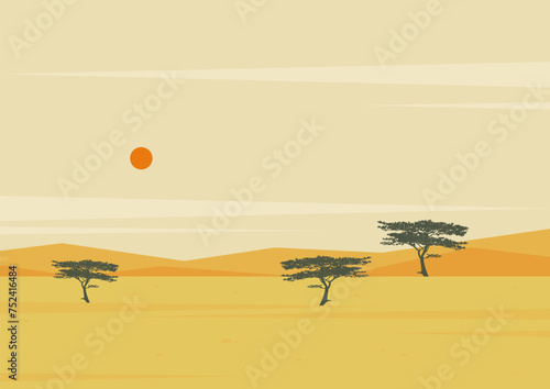 African landscape at sunset, trees and mountains Savannah wild nature, Serengeti national park.