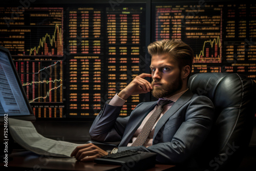 Successful Businessman Analyzing Financial Data on Computer Screen in Office