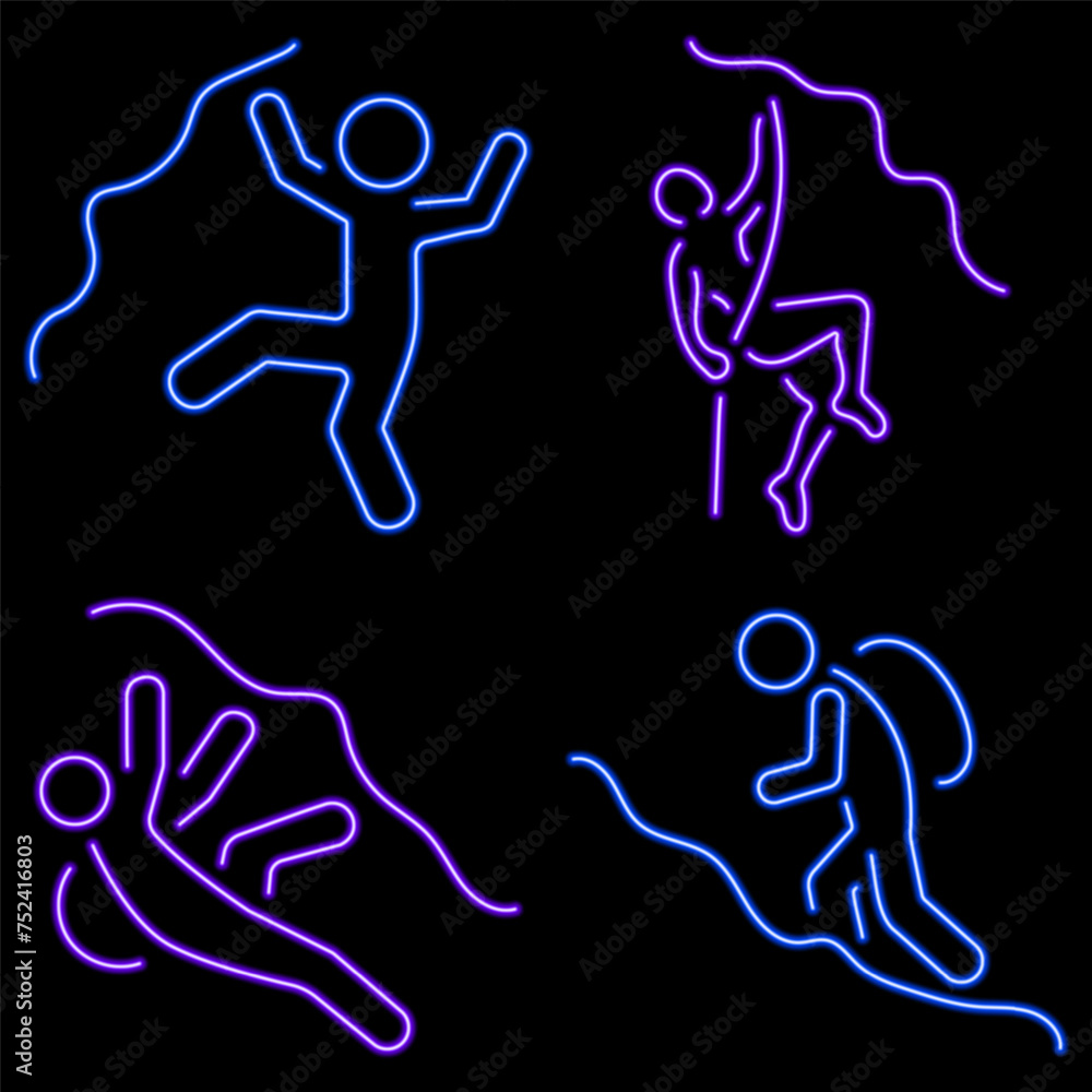 mountaineering group of neon icons, vector illustration on black background. mountaineering group of neon icons, vector illustration on black background.