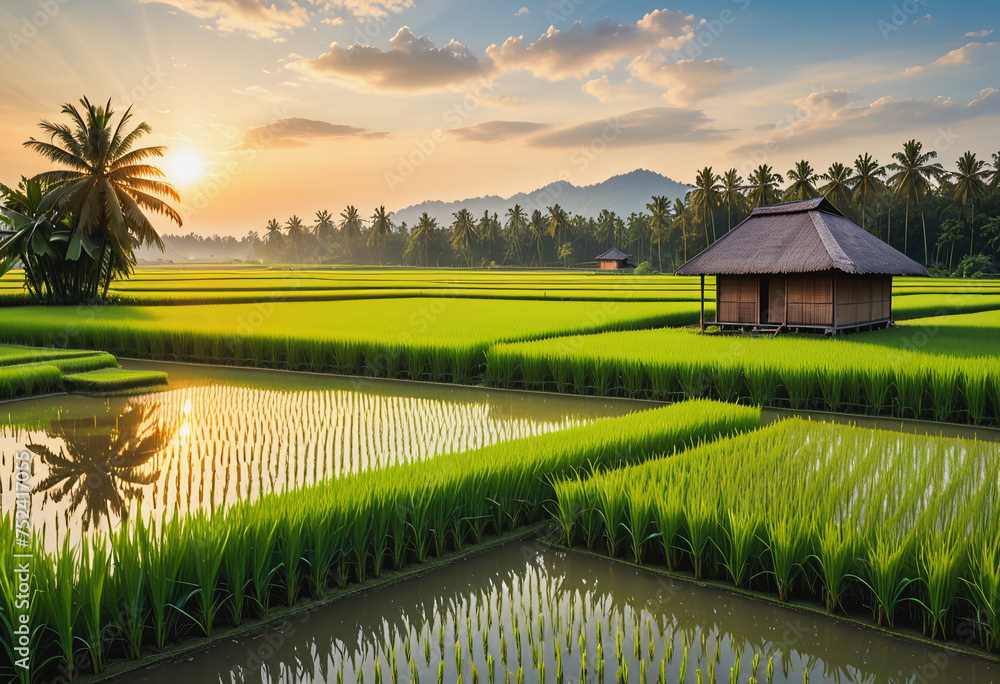 Scenery of rice fields in the countryside - obrazy, fototapety, plakaty 