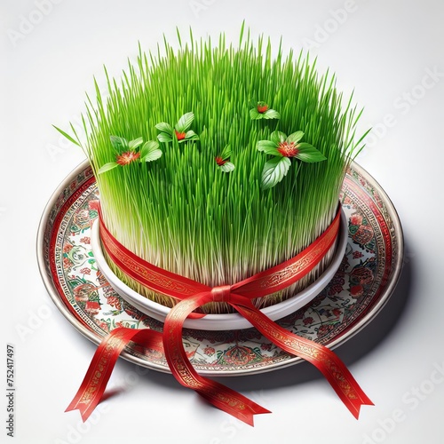 congratulations on Nowruz with a fresh and festive green herb sprout on a plate tied with a red ribbon photo