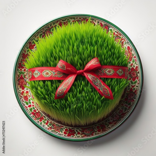 congratulations on Nowruz with a fresh and festive green herb sprout on a plate tied with a red ribbon photo