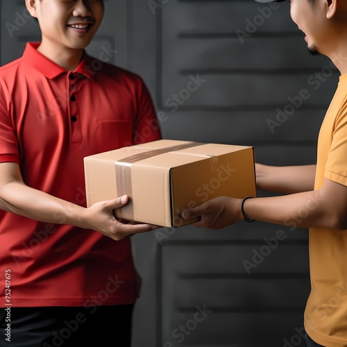 Delivery concept Asian Man hand accepting a delivery boxes from professional deliveryman at home © Michel 
