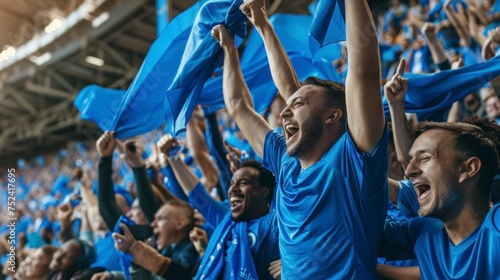 Group of people with blue shirts cheering on their soccer team with blue flags in the stadium in high resolution and high quality. concept football, sports, people