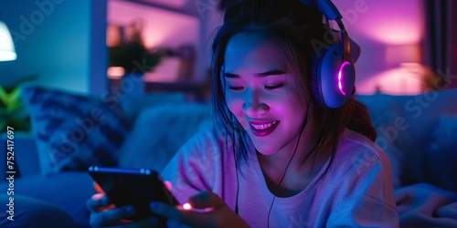 Asian girl listening audio with headphones in dark room