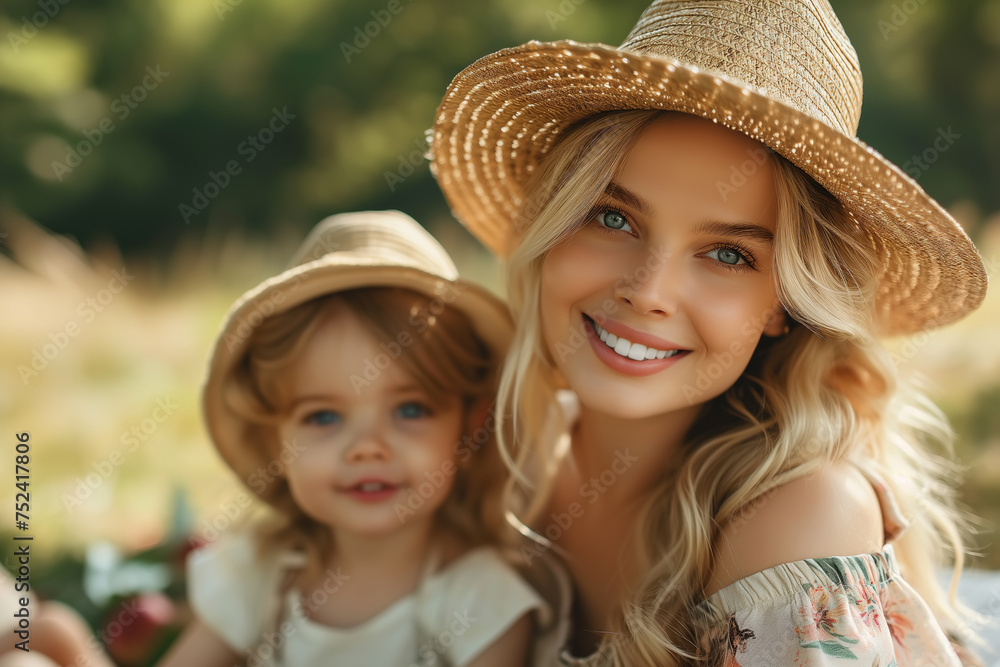 Portrait of a beautiful happy young mother with her child having a picnic in nature. Motherhood, family vacation
