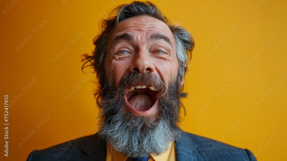 Yellow background, businessman with beard, emotions, portrait, boss, anger, scream, aggression.