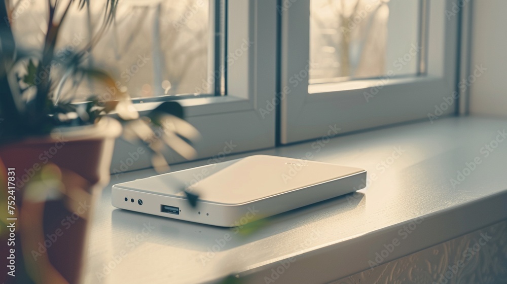 A compact portable power bank positioned on a white tabletop, providing on-the-go charging for smartphones and tablets. - obrazy, fototapety, plakaty 