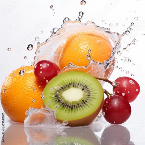 A kiwi  oranges  and grapes are splashing into the clear water  creating ripples and bubbles as they submerge.