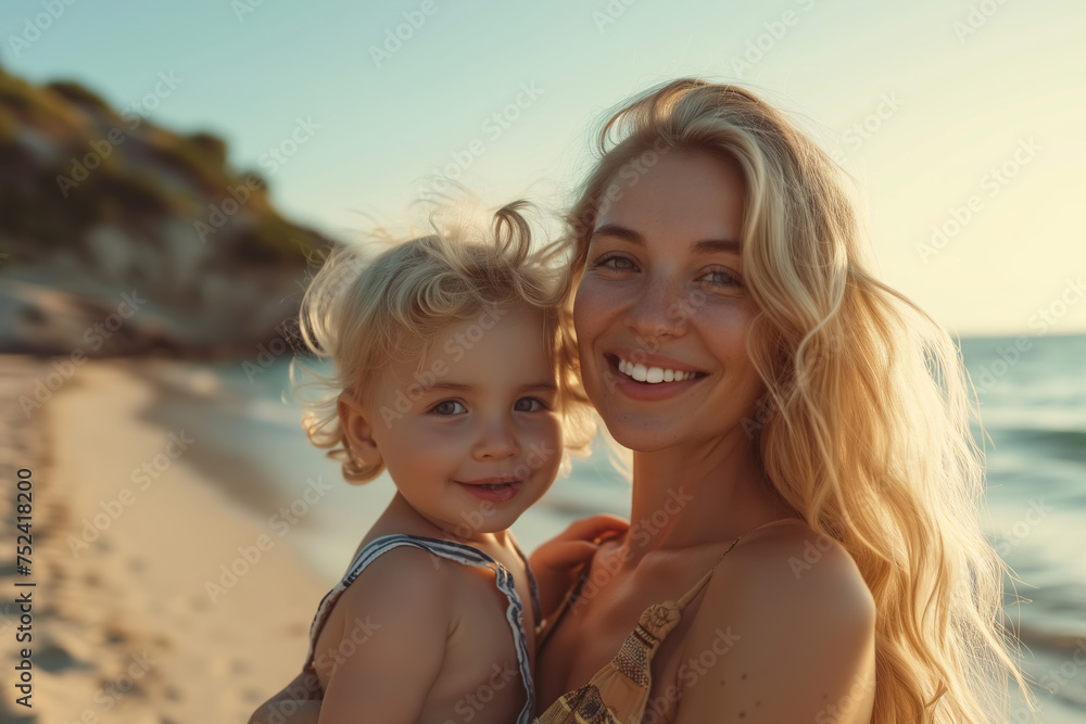 Family vacation, Caucasian mom with child on sea beach. Motherhood, mother with little boy son on a sunny summer day on the shore Family vacation, Caucasian mom with child on sea beach. Motherhood, mother with little boy son on a sunny summer day on the shore