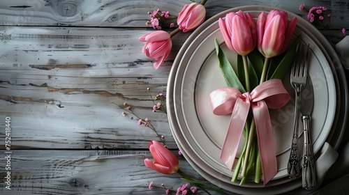 Happy easter greeting card with fork & knife silverware, pink tulip tied with pink ribbon against a white wooden texture table background. Closeup, top view, copy space. #752418440